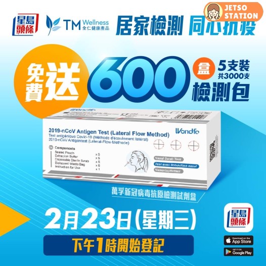 星島頭條 2月23日 送3000支 萬孚新冠病毒抗原檢測試劑盒