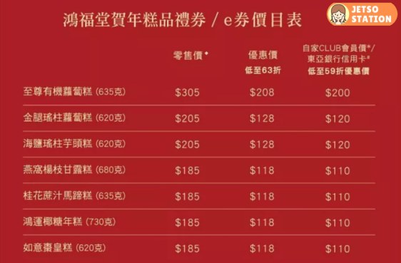 鴻福堂:賀年糕品禮券 買6送1優惠