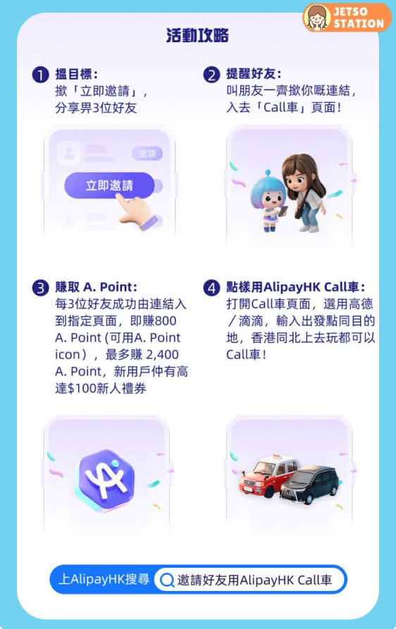 AlipayHK 叫朋友睇Call車頁面 免費送2400 A. Point (30/4)