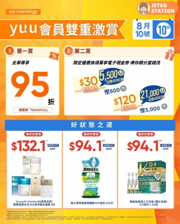 萬寧：yuu會員雙重激賞！yuu積分換萬寧現金券優惠 多送高達12%